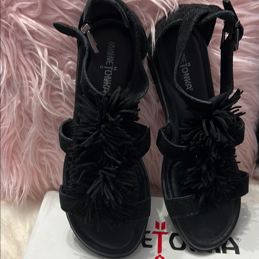 Minnetonka Black Velvet Sandals with Ruffle Detail